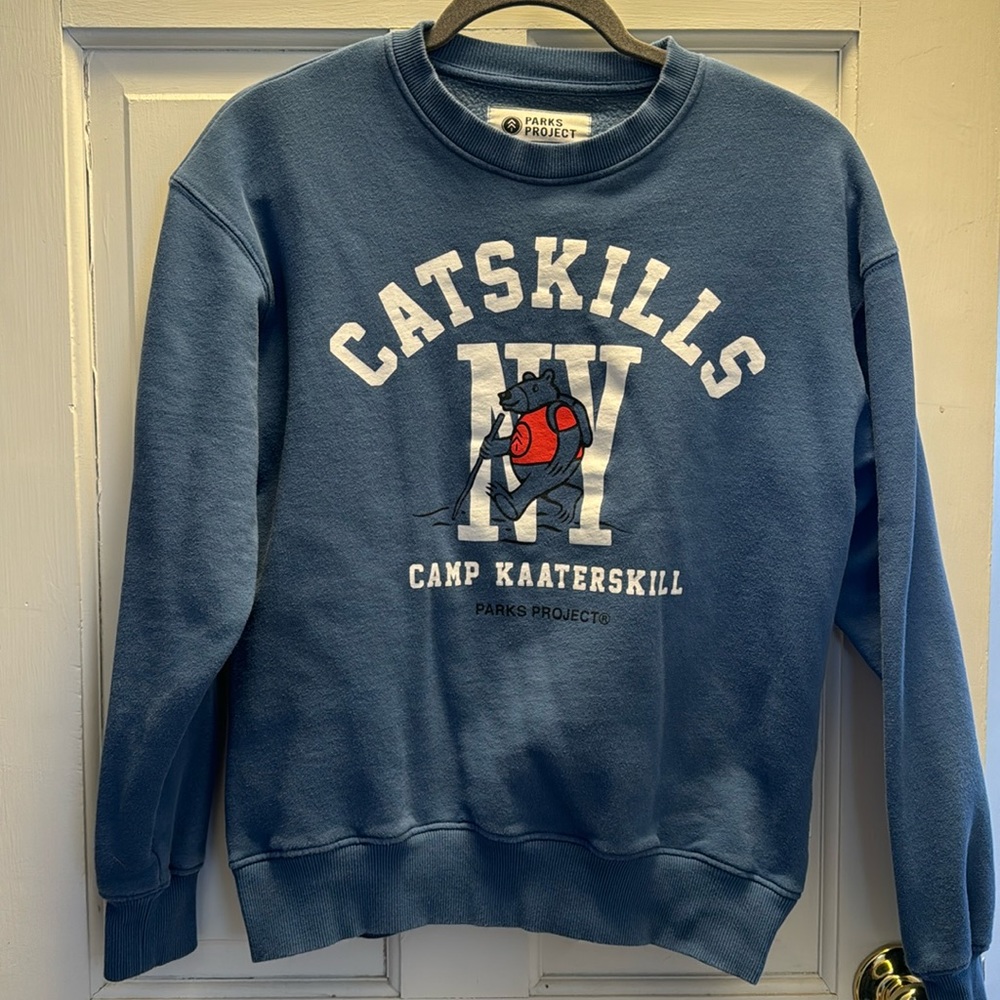 Parks Project Blue Catskills NY Crewneck with Red Bear Graphic